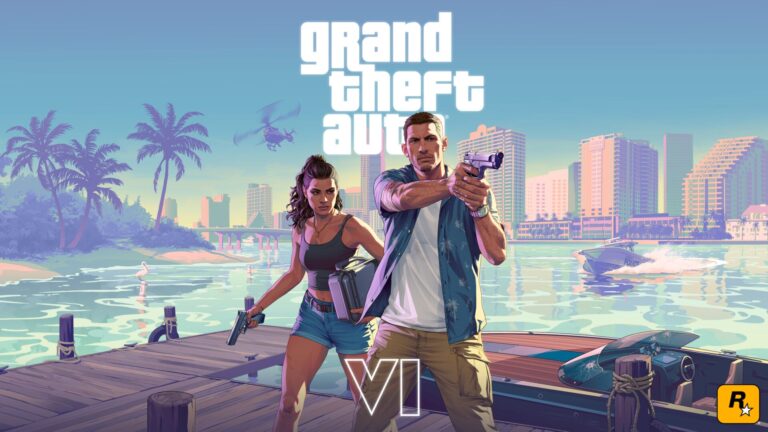 GTA 6 Trailer 3 — official Grand Theft Auto VI key art showing Jason and Lucia in Vice City