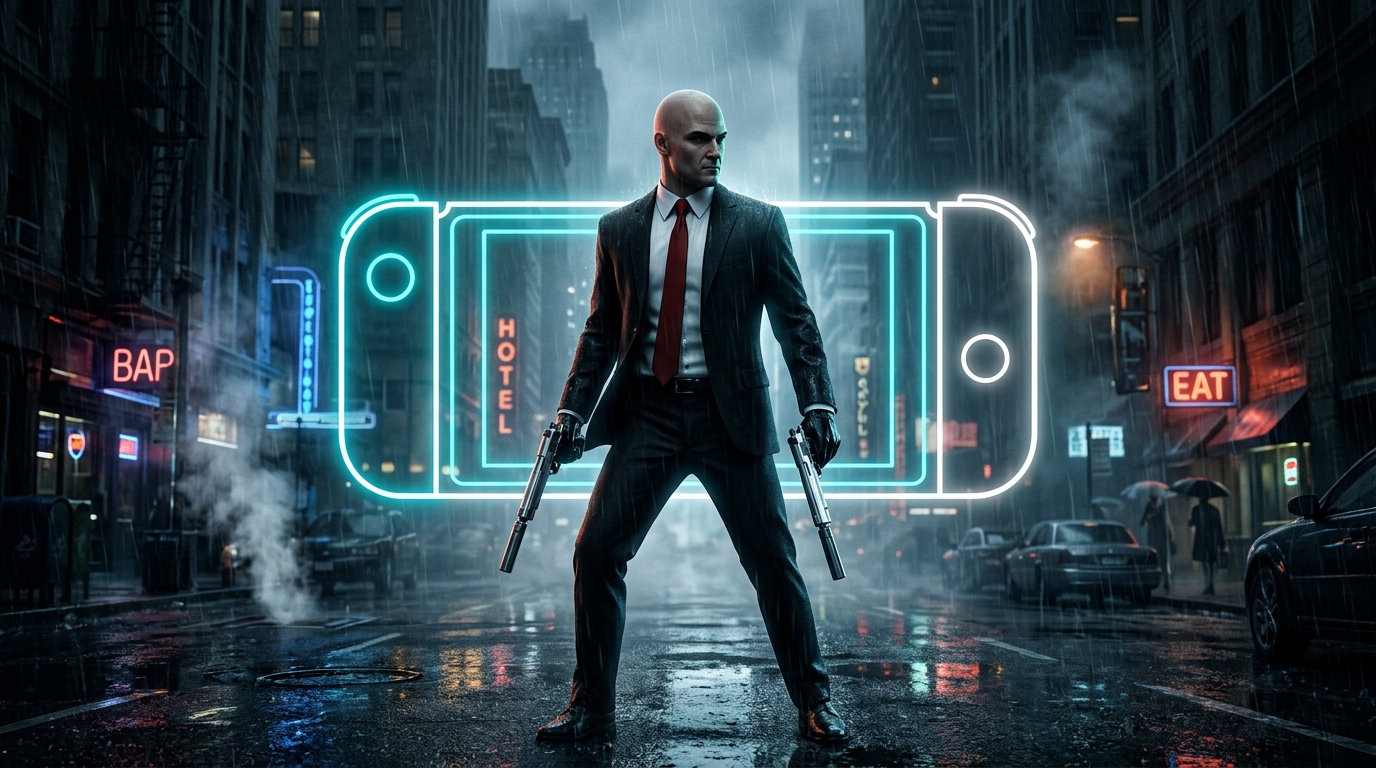 Hitman Absolution Switch 2 Release Date Key Art Featuring Agent 47 and Dual Silverballers