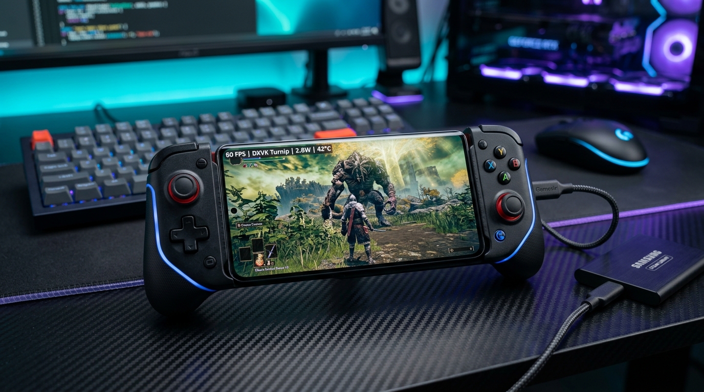 PC Emulation on Android Smartphone Clamped in Controller Running AAA Games with Performance Telemetry
