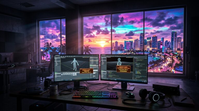Rockstar statement on GTA 6 leaks banner featuring game development workstation and Vice City sunset skyline